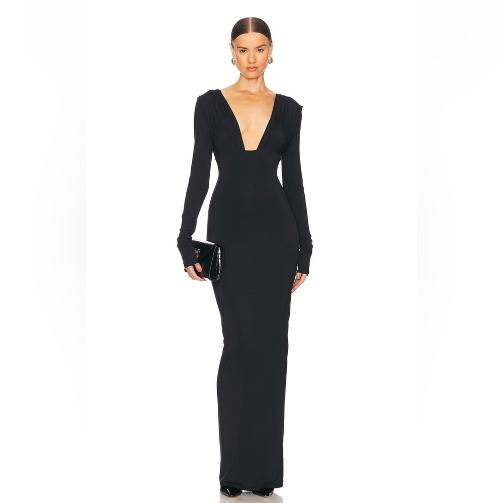 Helsa Jersey Deep V Maxi Dress in Black